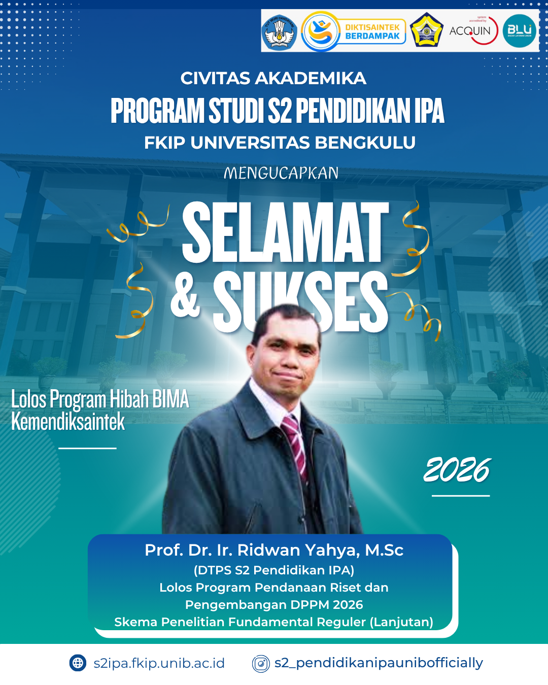 Prof. Dr. Ir. Ridwan Yahya, M.Sc Lolos Pendanaan Riset dan Pengembangan DPPM Kemdiktisaintek Tahun 2026